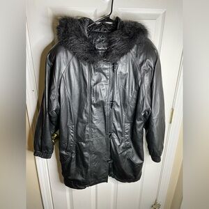 Wilsons Genuine Leather Black Faux Fur Lined Hooded Jacket Womens Sz Small